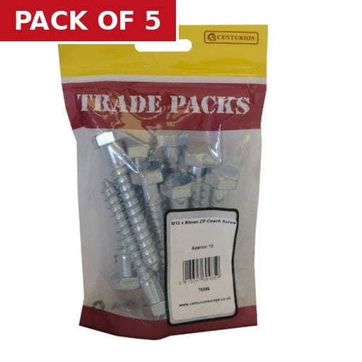 Centurion Coach Screws - M12 x 80mm - Zinc Plated - Pack of 10