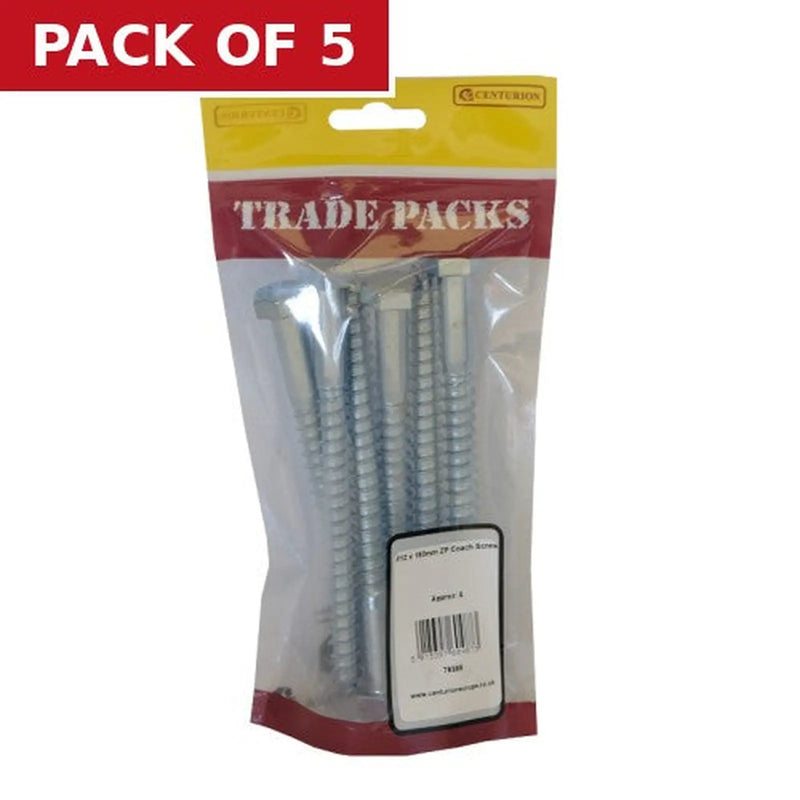 Centurion Coach Screws - M12 x 150mm - Zinc Plated - Packs of 6 - Pack of 5