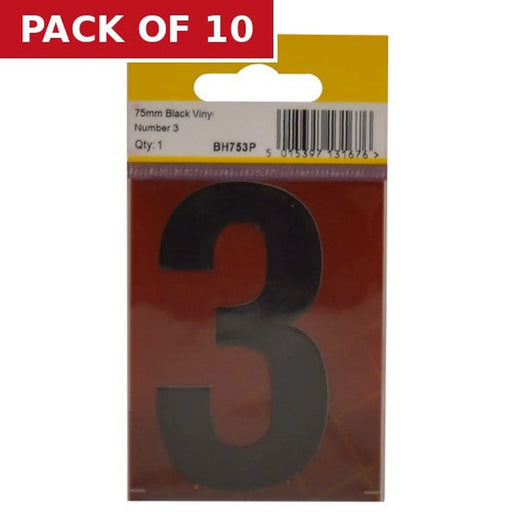 Centurion 75mm Black Helvetica Bold Condensed Style Vinyl Number 3 - Pack of 10