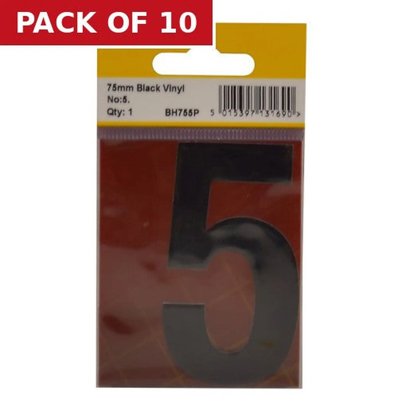 Centurion 75mm Black Helvetica Bold Condensed Style Vinyl Number 5 - Pack of 10