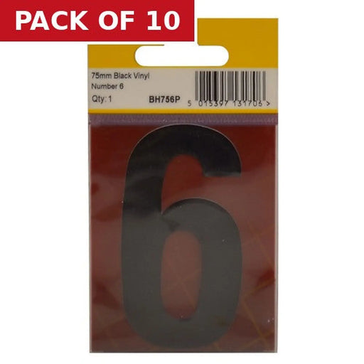 Centurion 75mm Black Helvetica Bold Condensed Style Vinyl Number 6 - Pack of 10