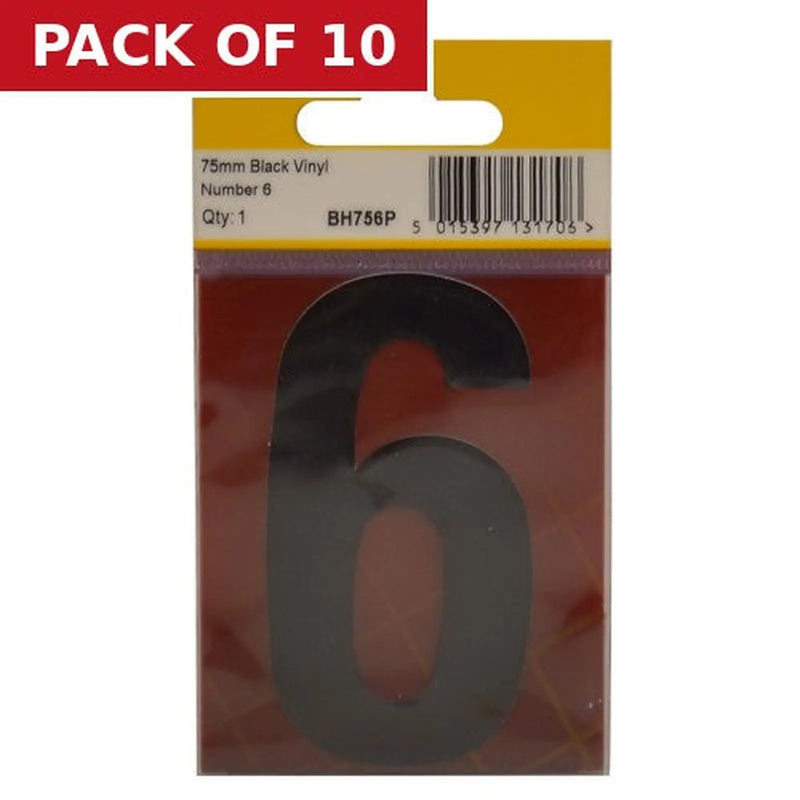 Centurion 75mm Black Helvetica Bold Condensed Style Vinyl Number 6 - Pack of 10