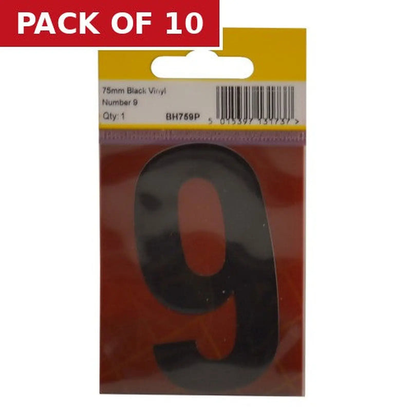 Centurion 75mm Black Helvetica Bold Condensed Style Vinyl Number 9 - Pack of 10