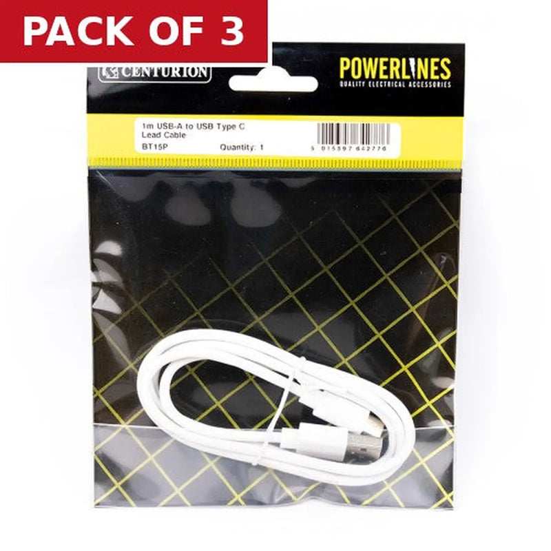Centurion 1M USB-A to USB-C Cable - Pack of 3