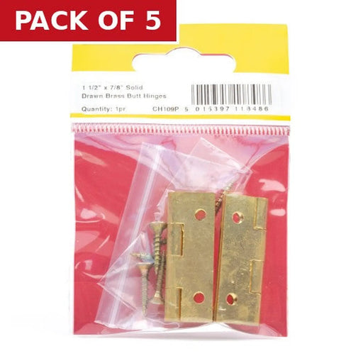 Centurion Solid Drawn Brass Butt Hinges, Self Colour, 38mm x 22mm - Pack of 5