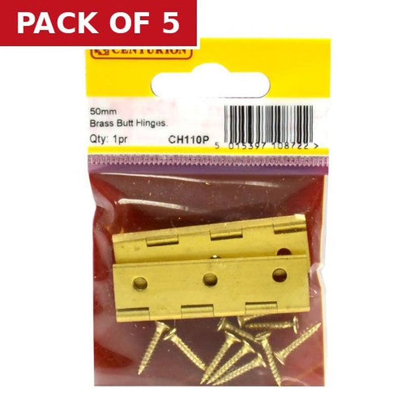 Centurion Solid Drawn Brass Butt Hinges, Self Colour, 51mm x 29mm - Pack of 5
