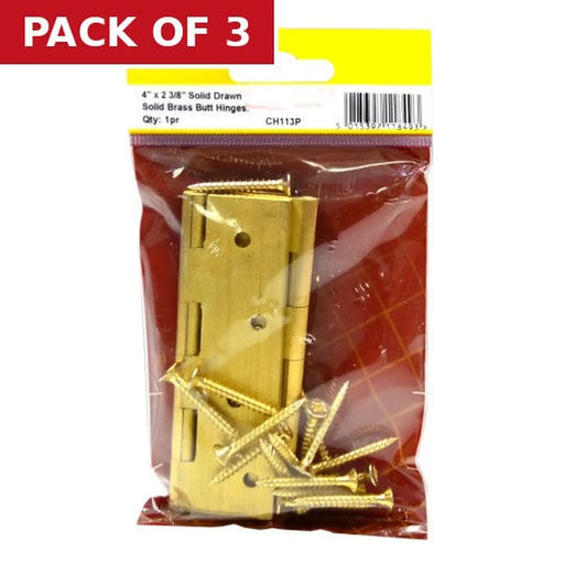 Centurion Solid Drawn Brass Butt Hinges, Self Colour, 102mm x 61mm - Pack of 3