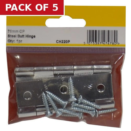 Centurion Steel Butt Hinges, Chromed, 75mm - Pack of 5