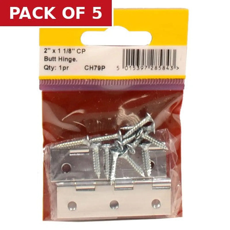 Centurion Solid Drawn Brass Butt Hinges, Chrome Plated, 51mm x 29mm - Pack of 5
