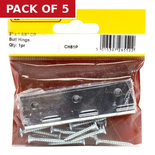Centurion 3" x 1 5/8" 2mm CP Solid Drawn Butt Hinges (1 pair) - Pack of 5