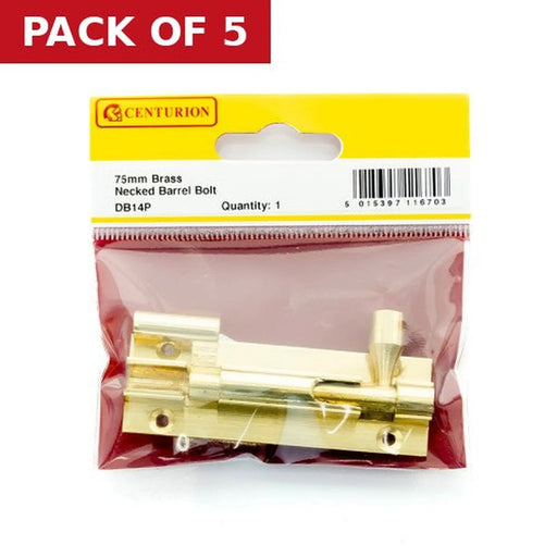 Centurion Necked Barrel Bolts, Polished Brass, 25mm x 75mm - Pack of 5