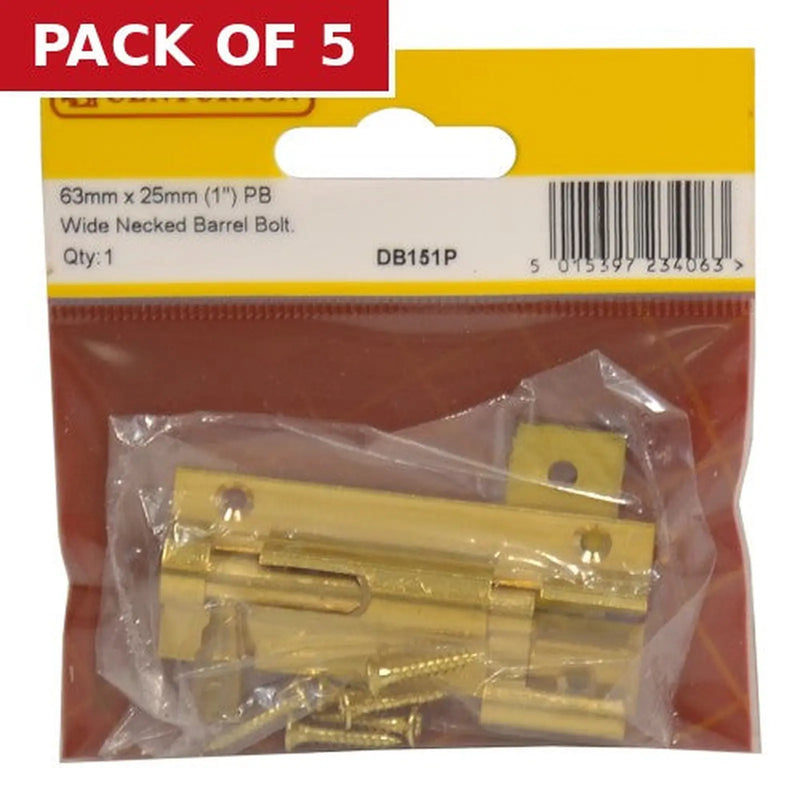 Centurion Necked Barrel Bolts, Polished Brass, 25mm x 63mm - Pack of 5