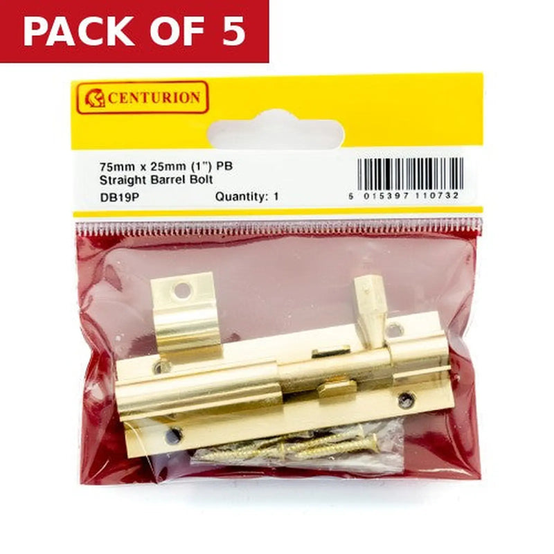 Centurion Straight Barrel Bolts, Polished Brass, 25mm x 75mm - Pack of 5