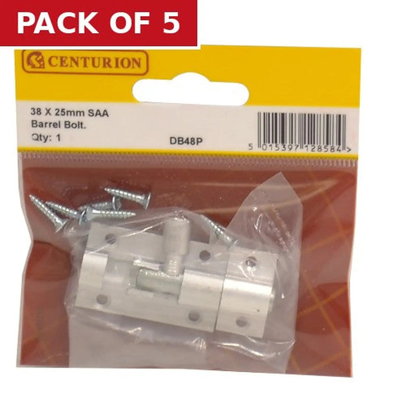 Centurion Straight Barrel Bolts, Aluminium, 25mm x 38mm - Pack of 5
