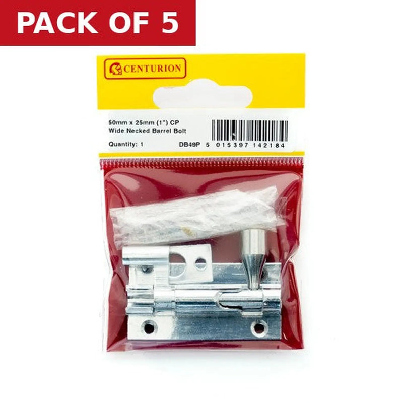 Centurion 50mm x 25mm (1") CP Wide Necked Barrel Bolt - Pack of 5
