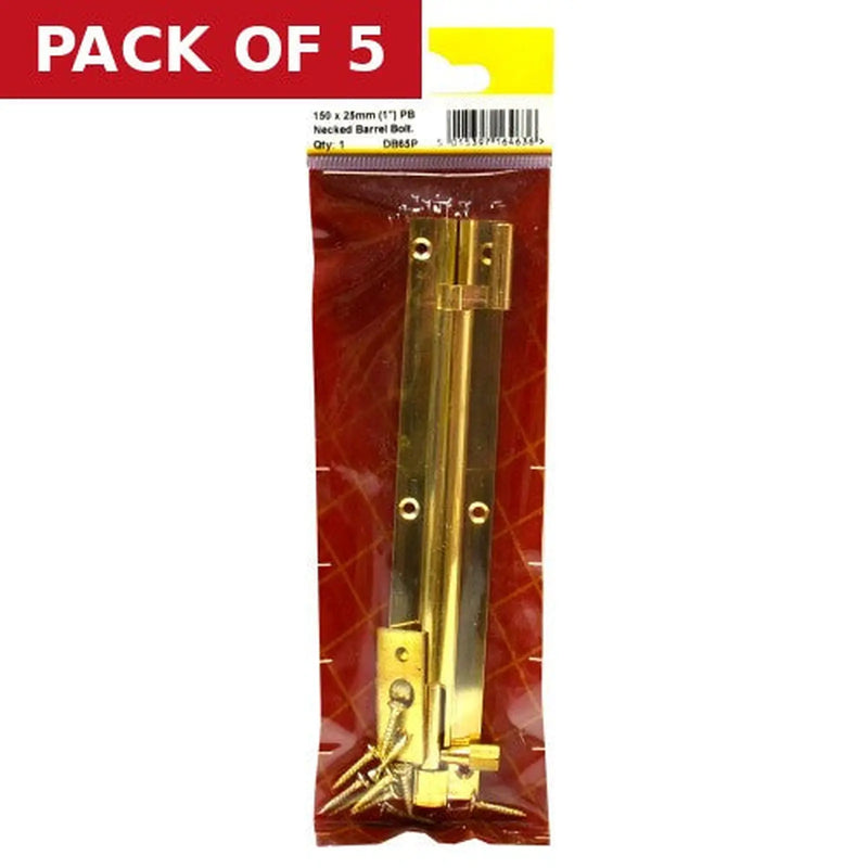 Centurion Necked Barrel Bolts, Polished Brass, 25mm x 150mm - Pack of 5