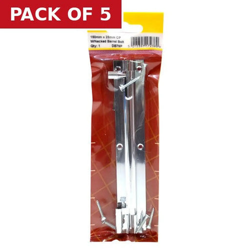 Centurion Necked Solid Brass Barrel Bolts, Polished Chrome, 25mm x 150mm - Pack of 5