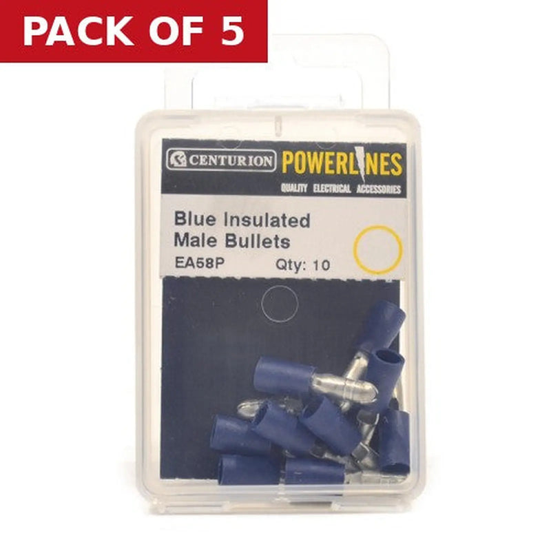 Centurion 4mm Blue Insulated Male Bullets, Pack of 10 - Pack of 5