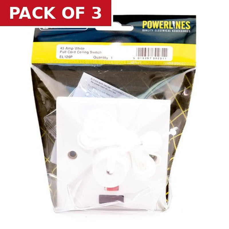 Centurion 45 Amp White Pull Cord Ceiling Switch - Pack of 3