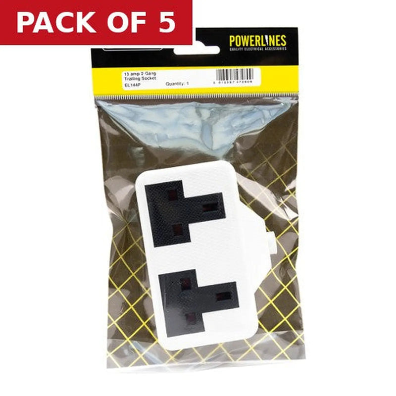 Centurion 2 Gang White Trailing Socket, 13 Amp - Pack of 5