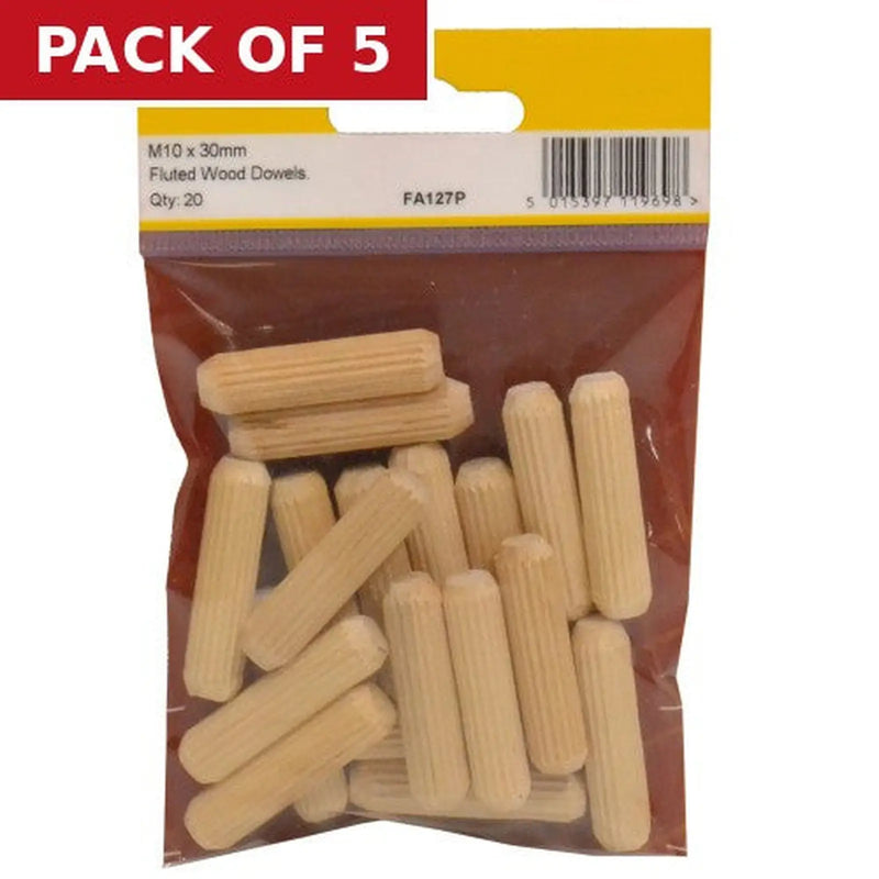 Centurion M10 x 40mm Fluted Wooden Dowel (Pack of 20) - Pack of 5