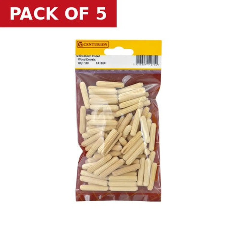 Centurion M10 x 40mm Fluted Wooden Dowels  (Pack of 100) - Pack of 5