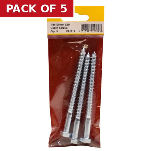Centurion M8 x 100mm ZP Coach Screws  (Pack of 3) - Pack of 5