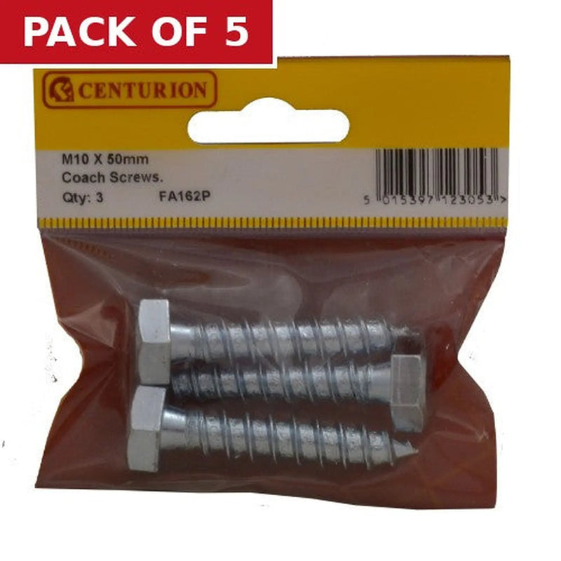 Centurion M10 x 50mm ZP Coach Screws  (Pack of 3) - Pack of 5