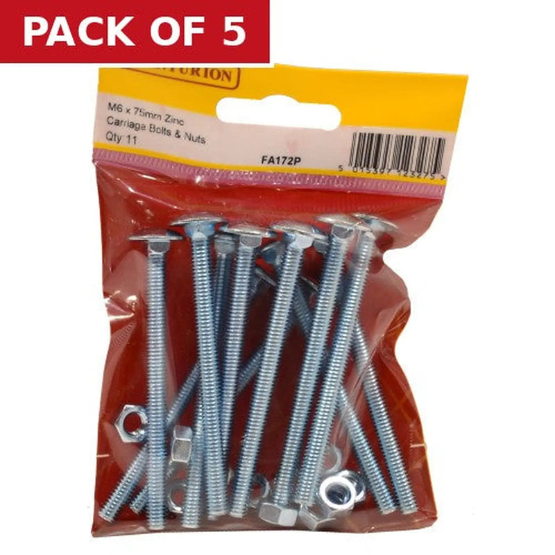 Centurion M6 x 75mm ZP Small Carriage Bolts & Nuts (Pack of 11) - Pack of 5