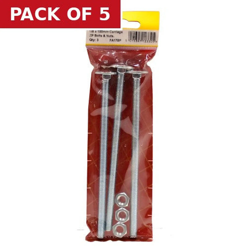 Centurion M8 x 150mm ZP Small Carriage Bolts & Nuts (Pack of 3) - Pack of 5