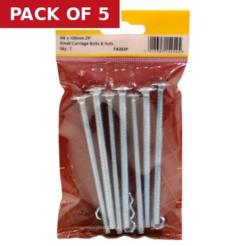 Centurion M6 x 100mm ZP Small Carriage Bolts & Nuts  (Pack of 7) - Pack of 5