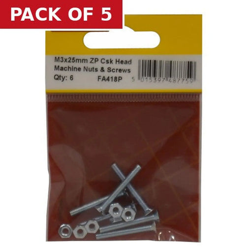 Centurion M3 x 25mm Machine Screws & Nuts - Countersunk Head - Zinc Plated - - Pack of 5