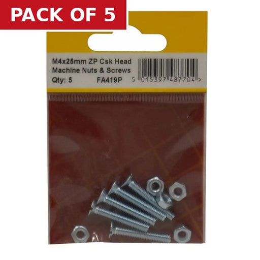 Centurion M4 x 25mm Machine Screws & Nuts - Countersunk Head - Zinc Plated - - Pack of 5