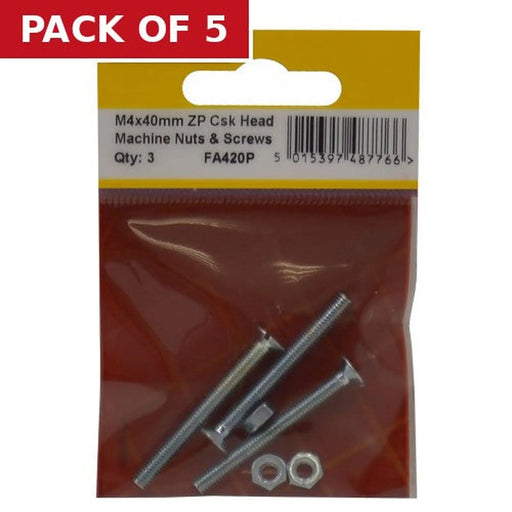 Centurion M4 x 40mm Machine Screws & Nuts - Countersunk Head - Zinc Plated - - Pack of 5