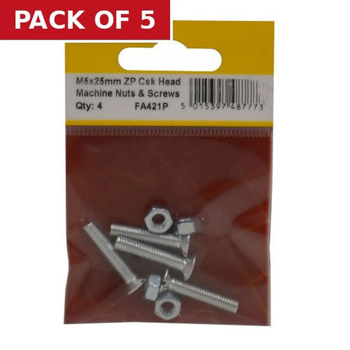 Centurion M5 x 25mm Machine Screws & Nuts - Countersunk Head - Zinc Plated - - Pack of 5