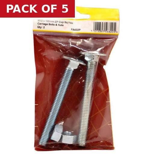 Centurion M12 x 100mm ZP Cup Sq Hex Carriage Bolts & Nuts (Pack of 2) - Pack of 5