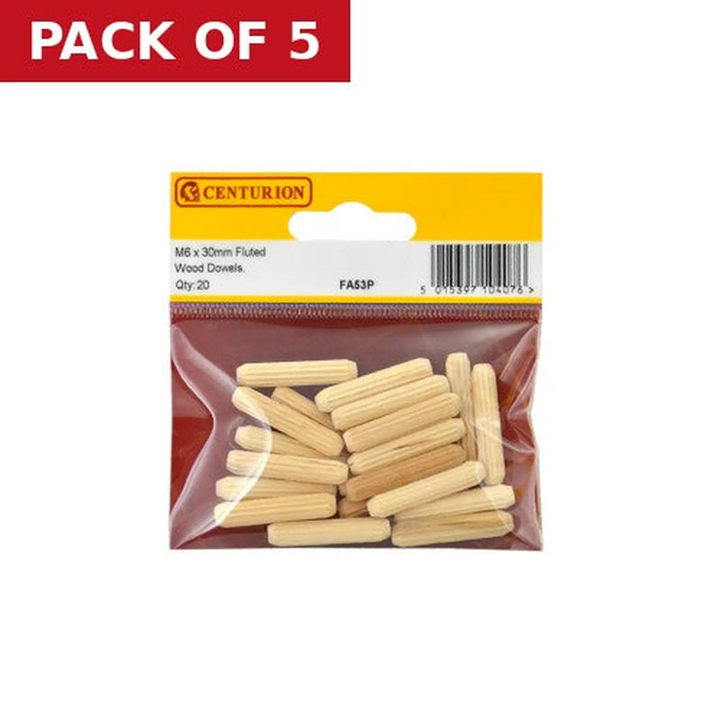 Centurion M6 x 30mm Fluted Wooden Dowels  (Pack of 20) - Pack of 5