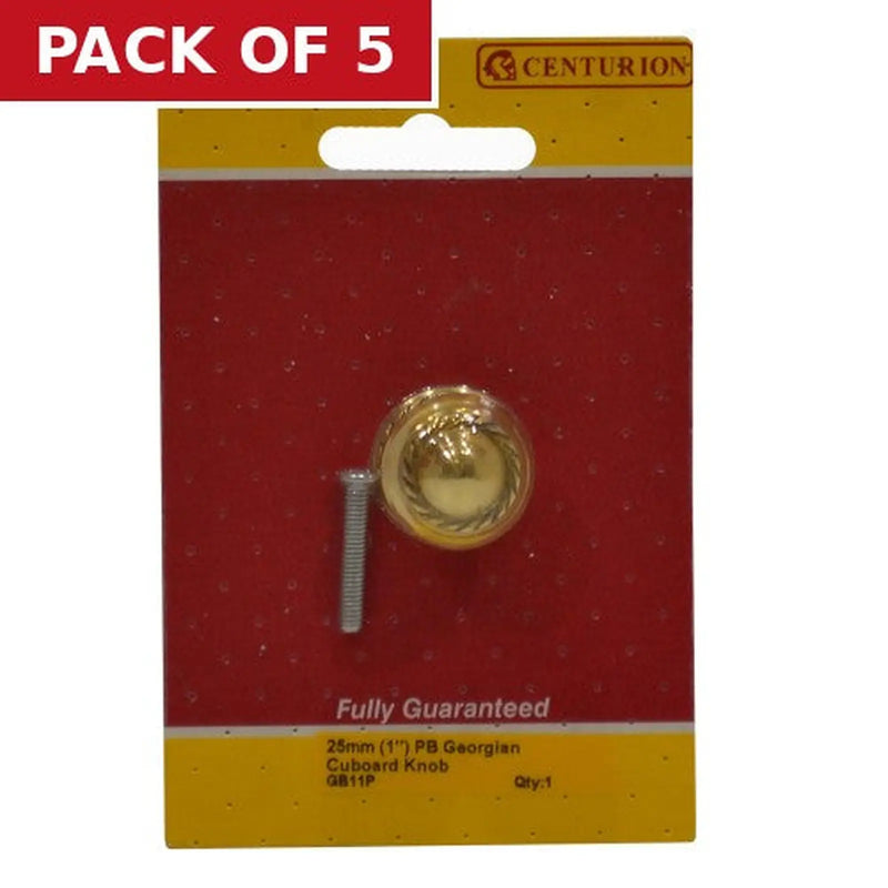 Centurion Georgian Cupboard Knobs, Polished Brass, 25mm Dia. - Pack of 5