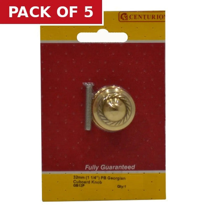 Centurion Georgian Cupboard Knobs, Polished Brass, 32mm Dia. - Pack of 5