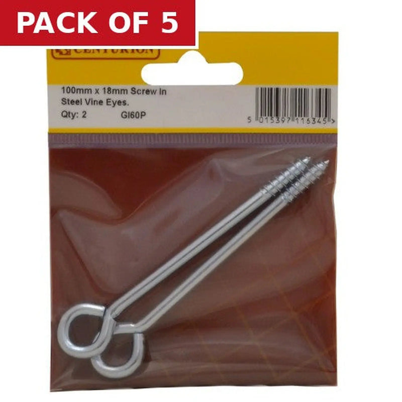 Centurion Screw In Steel Vine Eyes  - Zinc Plated - 100mm x 18mm - (Pack of 2) - Pack of 5