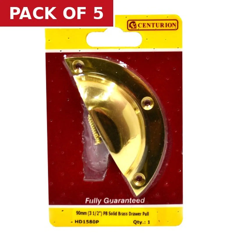 Centurion Solid Brass Drawer Pull, Polished Brass, 90mm - Pack of 5