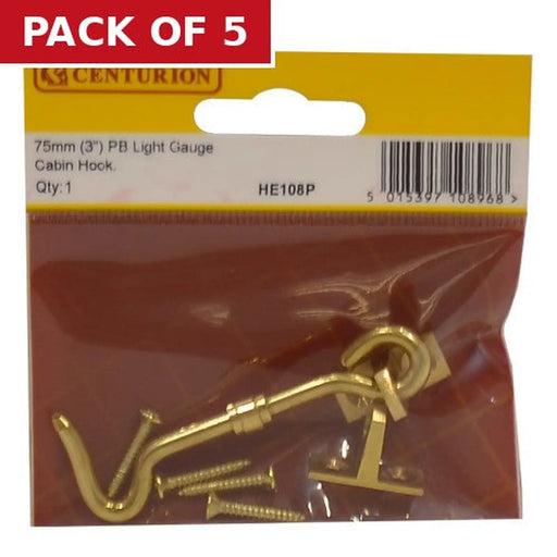 Centurion Solid Brass Cabin Hooks, Polished Brass, 75mm - Pack of 5