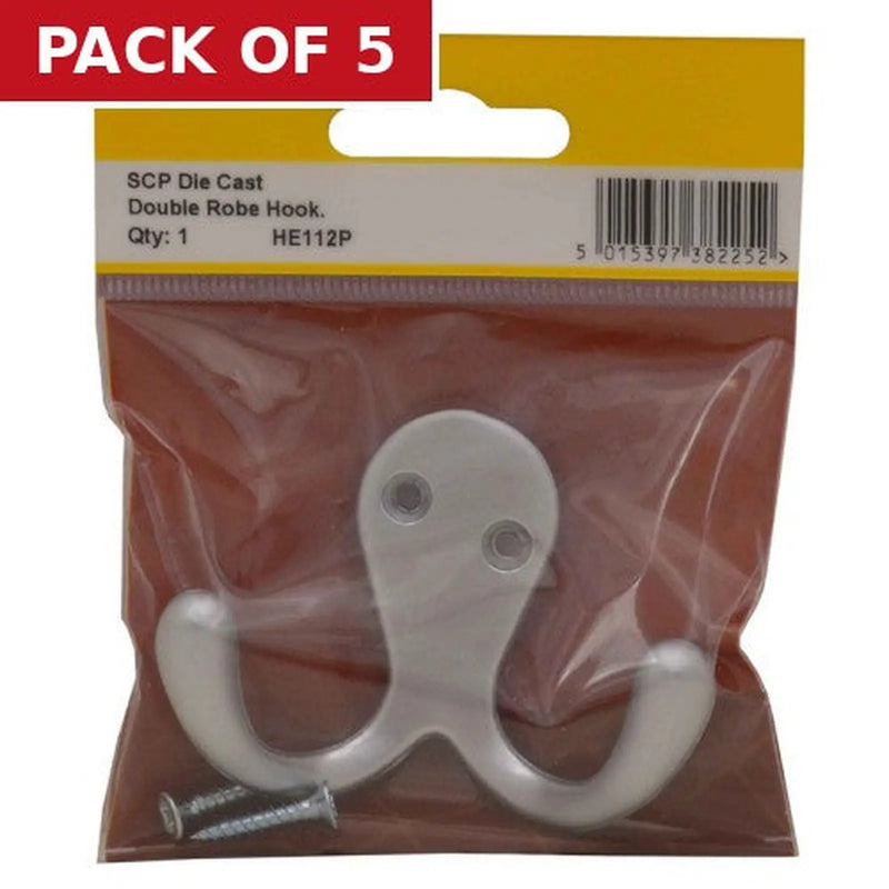 Centurion 70mm Die Cast Double Robe Hook - Satin Chrome - Pack Qty 1 - Pack of 5
