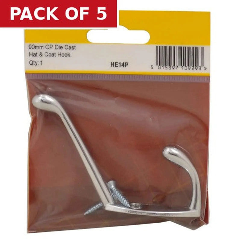 Centurion 105mm Die Cast Hat & Coat Hook - Chrome Plated - Pack Qty 1 - Pack of 5