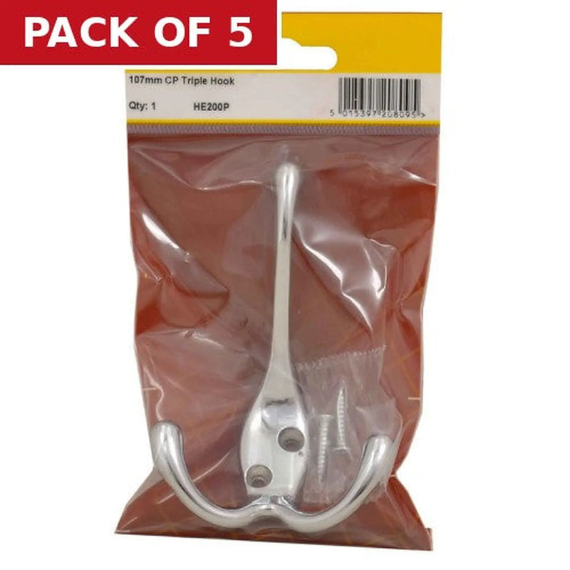 Centurion 107mm Die Cast Tri Hook - Chrome Plated - Pack Qty 1 - Pack of 5