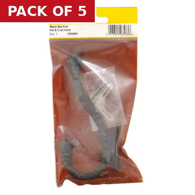 Centurion 130mm Premium Ball End Hat & Coat Hook - Black - Pack Qty 1 - Pack of 5