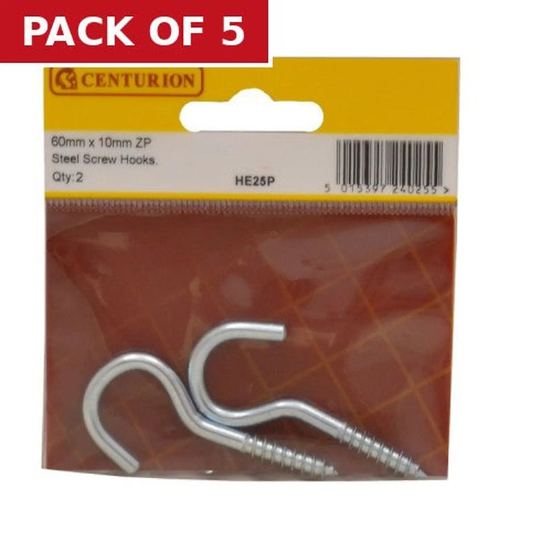 Centurion Screw Hooks - Zinc Plated - 60mm x 4.3mm - (Pack of 2) - Pack of 5