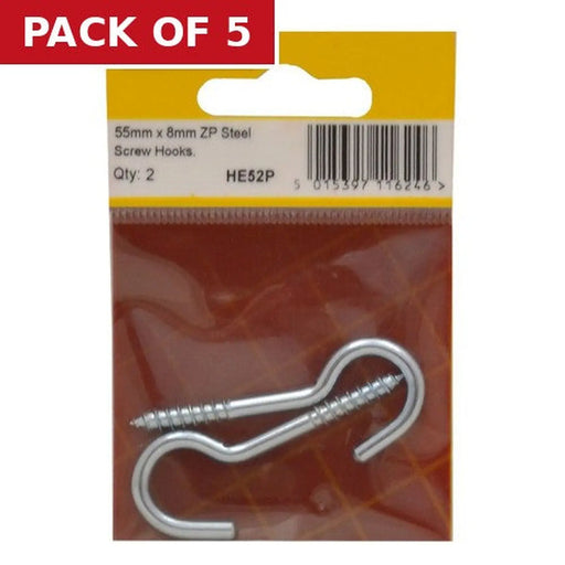 Centurion Steel Screw Hooks - Zinc Plated - 55mm x 8mm - (Pack of 2) - Pack of 5