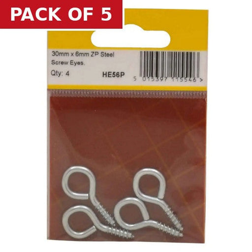 Centurion Steel Screw Eyes - Zinc Plated - 30mm x 3mm - (Pack of 4) - Pack of 5