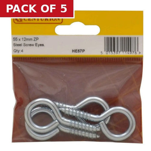Centurion Steel Screw Eyes - Zinc Plated - 55mm x 5mm - (Pack of 4) - Pack of 5